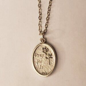 Silvertone Reversible Oval Pray For Us Flower Floral Religious Figure Pendant